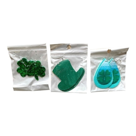 St Patricks Day Shamrock Clover Faux Leather Teardrop Dangle Earrings 3 Pair NWT - Picture 1 of 6